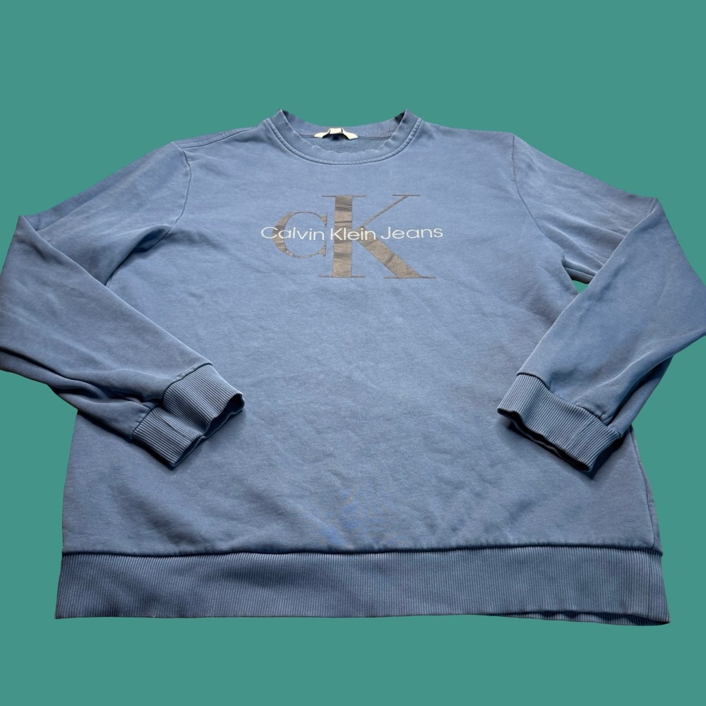 Calvin Klein Jeans Sweatshirt Large Blue CK Logo Crewneck Faded Pullover